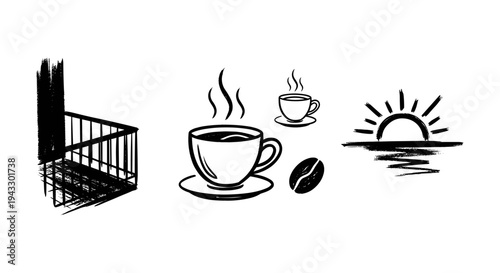 Morning coffee and sunrise icon set, hand-drawn style, black and white illustration