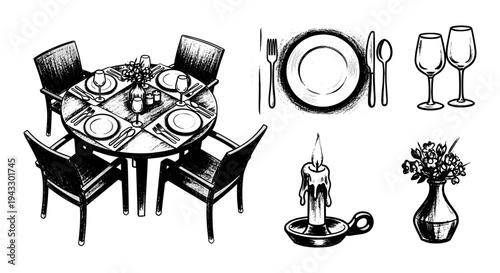 Hand-drawn illustration of a round table setting for four with chairs and dining elements