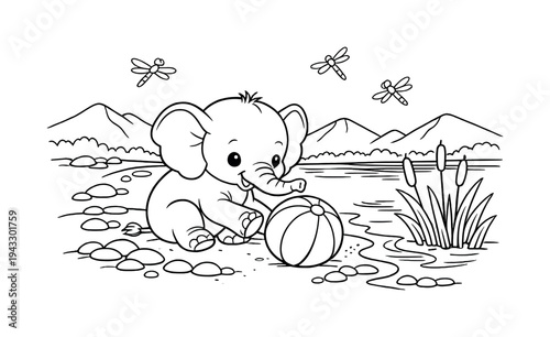 Baby elephant playing with a colorful beach ball on a sandy riverbank with smooth stones, reeds by the water, dragonflies flying