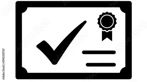 Certificate icon with checkmark and ribbon seal on white background featuring tick, verified, approved with validated and confirmation elements for
