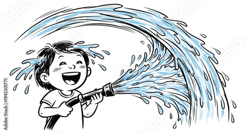 Joyful child spraying water from a hose, having fun on a hot summer day