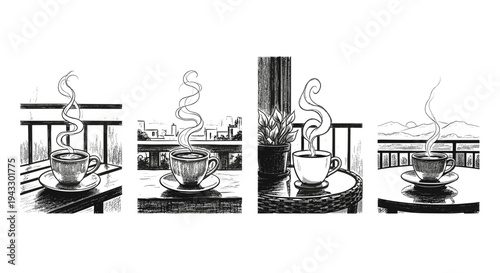 Four cups of steaming coffee on tables with different scenic backgrounds
