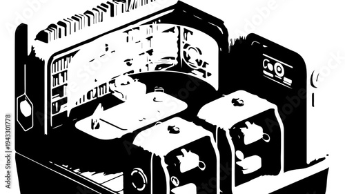 Camera film developing darkroom with loaded paper tray and film reels inside featuring photography, equipment, black and white with illustration and