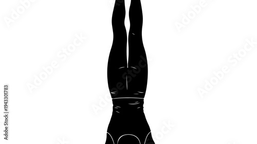 Yogini in headstand pose with black silhouette on white background for yoga and meditation practices and wellness routines
