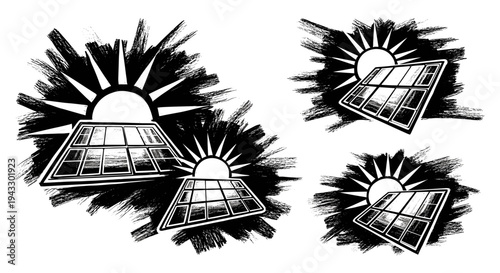 Stylized solar panels with sunburst effect, representing renewable energy and sustainability