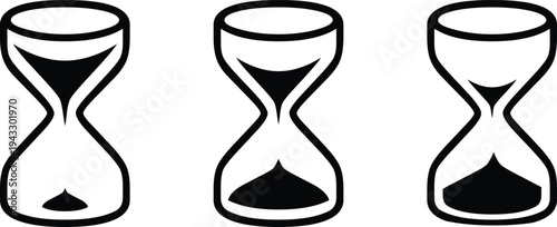 Hourglass timer icons for time management, countdown, and deadline concepts. Minimal outline sand clock symbols showing flowing sand stages. Clean vector graphics for productivity apps, schedules, and