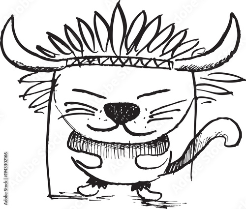 Cartoon sketch outline of a little standing Indian cat with horns and feathers. Minimal line vector illustration. Doodle cartoon cats series. Mascot for vet clinics and pet shops.