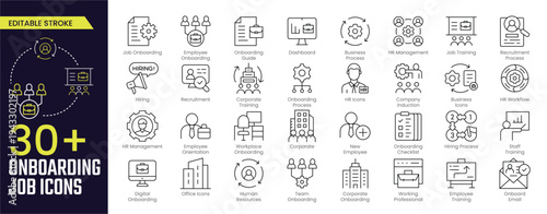 Onboarding job Stroke icon collections. Containing Employee Orientation, Hiring Process, HR Workflow, Recruitment, Training, and Corporate icons. Editable Stroke icon collection Outline icon