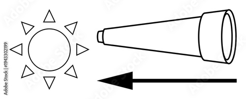 Solar energy concept. Solar energy captured and directed by a telescope-thumbs up device with directional indication. Solar energy applications in science, technology, research, and sustainability