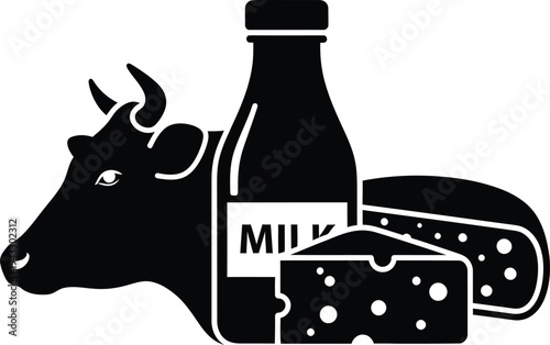 Dairy products logo with cow milk bottle and cheese