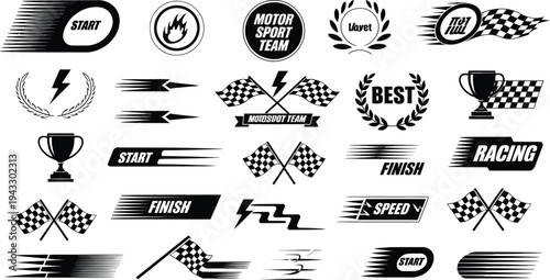 Monochromatic Racing and Speed Icon Set Dynamic Vector Graphics for Automotive Sports and Competitive Events