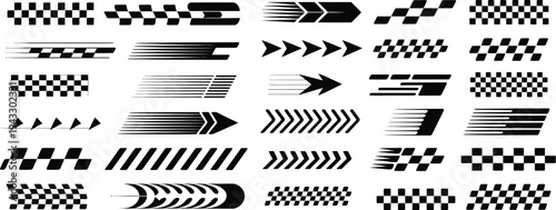 A Monochromatic Design Sheet Showcasing Speed and Motion Graphics with Arrows and Checkered Patterns