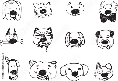 Icon Set of cute hand-drawn sketch dogs' face. Doodle vector illustration. Isolated. Content for pet shops, vet clinic, animal shelter. Minimal line symbols.