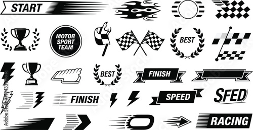 Versatile vector graphic design elements collection for racing, speed, and sports themes, featuring championship trophies, checkered flags, and dynamic finish line banners