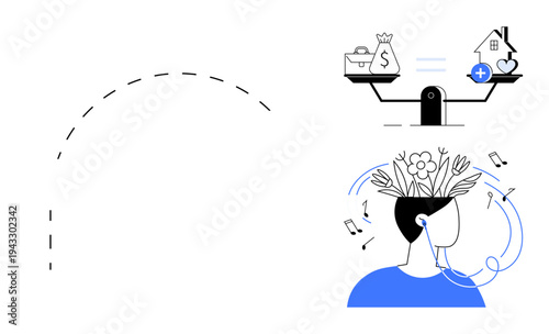 Finance and mental health concept. Finance balance linking health, wealth, and creative thinking. Finance mindset approach to achieve economic well-being. For mindfulness, productivity, investments