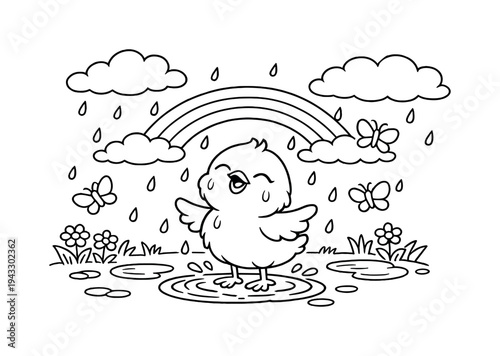 Cute cartoon chick standing in a puddle under a rainbow and rain with butterflies