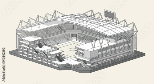Architectural blueprint of a modern stadium with seating and roof structure.