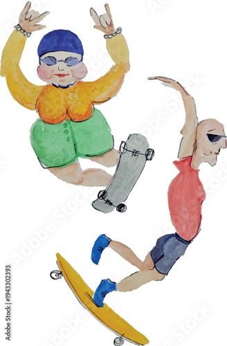 A traditional elderly crazy rock couple doing sport. A smiling senior man and woman on skateboards, an active old grandfather and grandmother. Vector hand-drawn illustration. Part of the series.