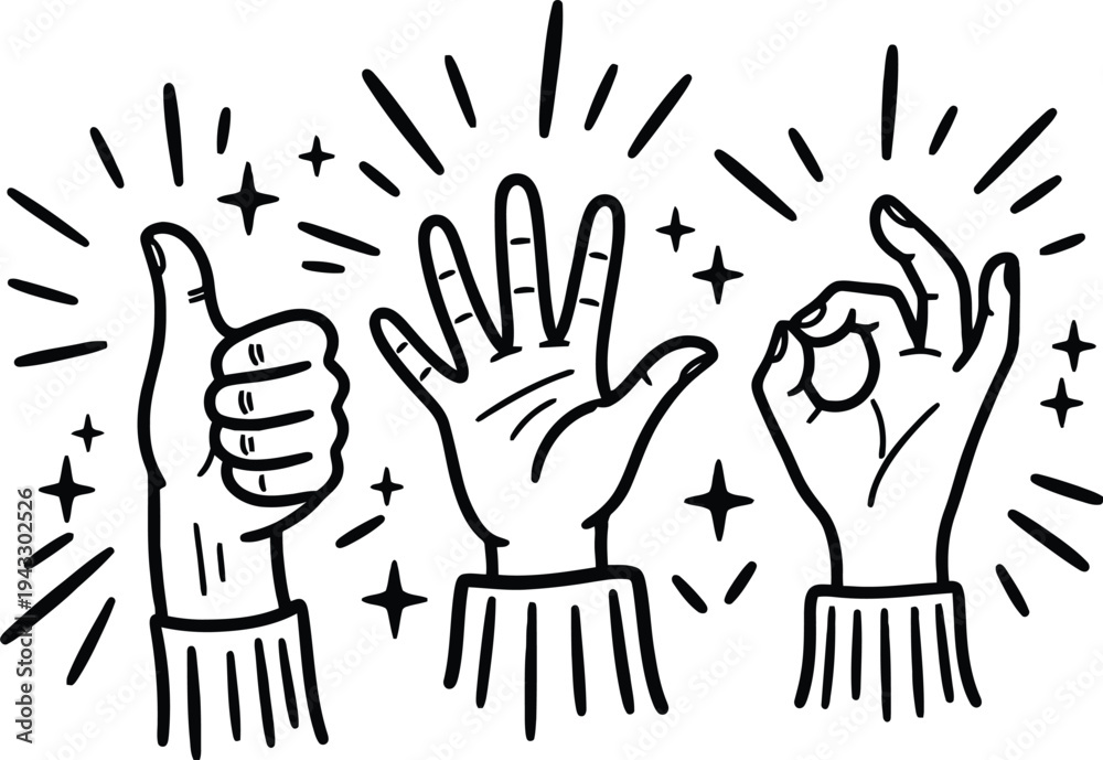 Fototapeta premium Three hands with different gestures and sparkles