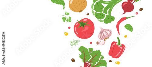 A hand-drawn set of vegetables for preparing delicious culinary dishes in the kitchen, background for advertising design. Vector illustration.