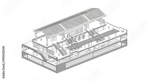 Architectural Isometric Drawing of a Modern Building with Multiple Levels.