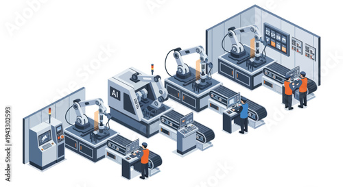 Automated Manufacturing Assembly Line with Robotic Arms and Workers.