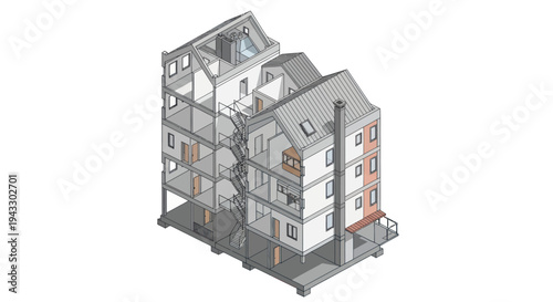 Detailed 3D Model of a Multi-Story Residential Building with Exposed Framework.