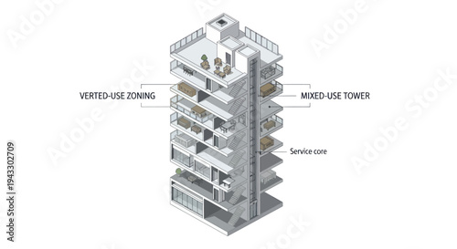 Detailed architectural cross-section of a mixed-use tower with vertical zoning.