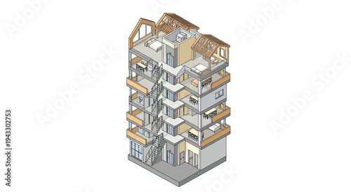 Detailed Architectural Cutaway of a Modern Apartment Building.