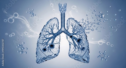 Anatomy of human lungs with bronchial tree and virus particles.