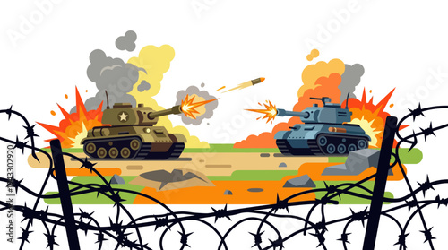Two tanks engaged in a fierce battle, with explosions and smoke filling the air, seen through a barbed wire fence