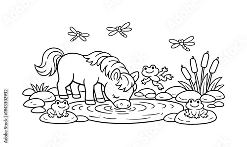Cute horse drinking from a calm pond with smooth stones along the shore, reeds growing nearby, friendly frogs