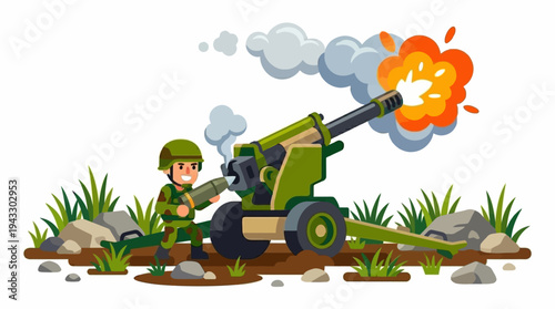 Brave cartoon soldier in military uniform operating a powerful artillery cannon, firing a projectile with a dramatic explosion and smoke on the battlefield