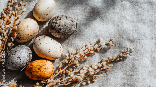 Speckled Easter eggs and willow branches create a beautiful spring still life on neutral linen fabric.