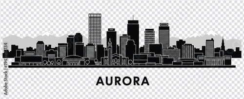 Black silhouette of aurora city skyline with various buildings and skyscrapers