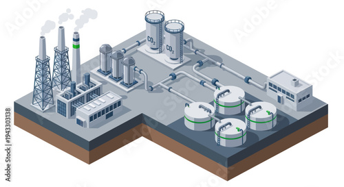 Industrial Chemical Plant with Storage Tanks and Smokestacks.