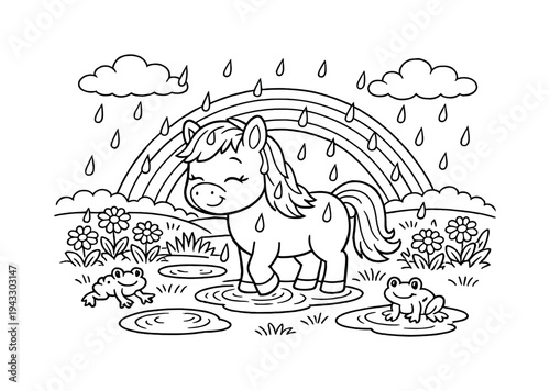 Cute horse enjoying a gentle rain shower in an open field with puddles on the ground, blooming flowers around, a