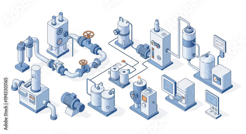 Industrial Chemical Processing Plant Equipment Isometric Illustration.