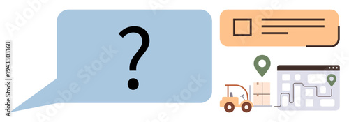 Logistics, delivery services, supply chain, navigation, order tracking, shipment questions. A speech bubble with a question mark next to delivery symbols. Logistics and delivery services concept