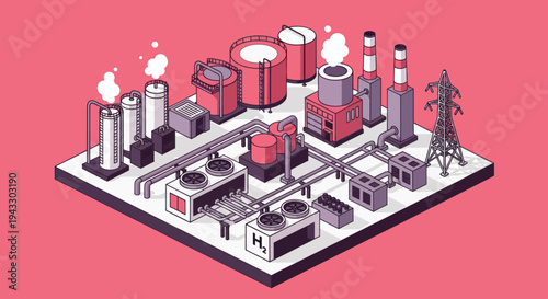 Industrial complex with multiple structures and pipelines.