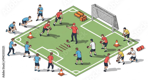 Soccer Match Players On Green Pitch.