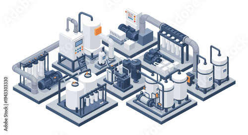 Industrial Manufacturing Plant Equipment and Machinery Isometric View.