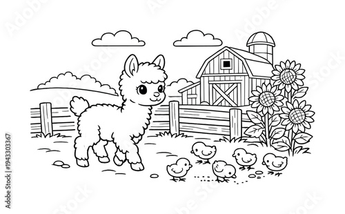 Baby Llama Farmyard Adventure. Baby llama exploring a cozy farmyard with a wooden fence, a red barn in the background, sunflowers