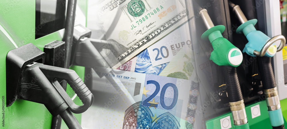 Naklejka premium Electric vehicle charging station and petrol fuel pump nozzles with euro banknotes. Energy costs and transportation expenses concept. Comparison of electricity charging and gasoline price for cars.