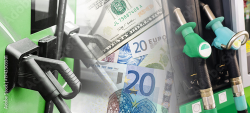 Electric vehicle charging station and petrol fuel pump nozzles with euro banknotes. Energy costs and transportation expenses concept. Comparison of electricity charging and gasoline price for cars.