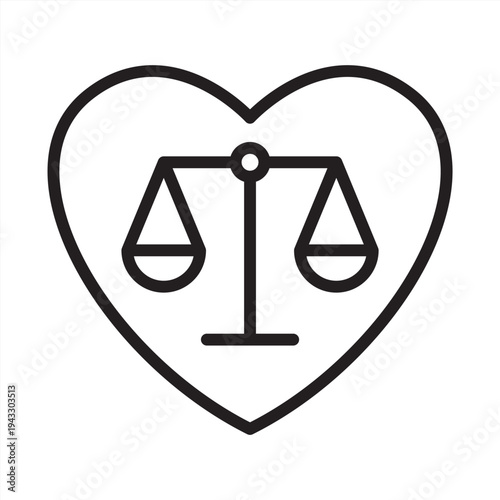 Integrity icon. Heart with scale icon. Outline icon. Symbol of integrity, honesty, ethical balance, justice heart, moral values, fairness, trustworthiness, ethical decision, law ethics, transparent.