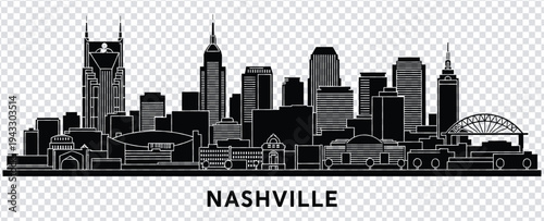 Nashville city skyline silhouette with iconic buildings and bridge