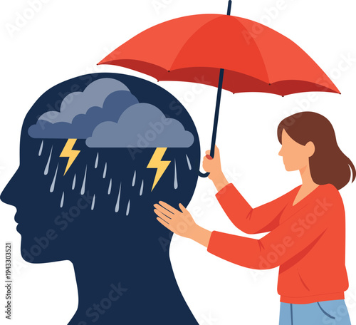 Protecting mental health a woman shields her head from a storm