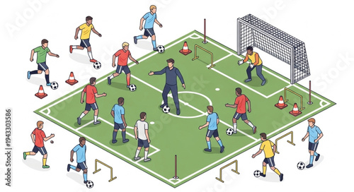 Soccer Players on Field with Goalkeeper.