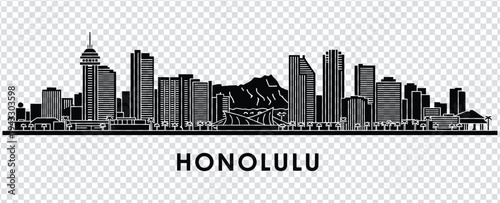 Black and white illustration of honolulu city skyline with buildings and mountains